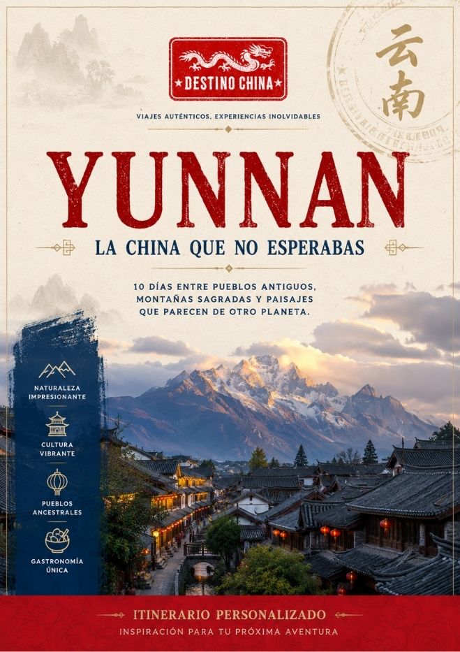 Banner del itinerario de Yunnan en China con paisaje montañoso, pueblo antiguo y propuesta de viaje personalizada de 10 días.