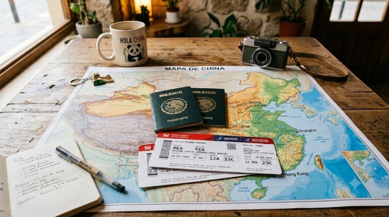 pasaportes mexicanos sobre un mapa de china y unos boletos de avion para China